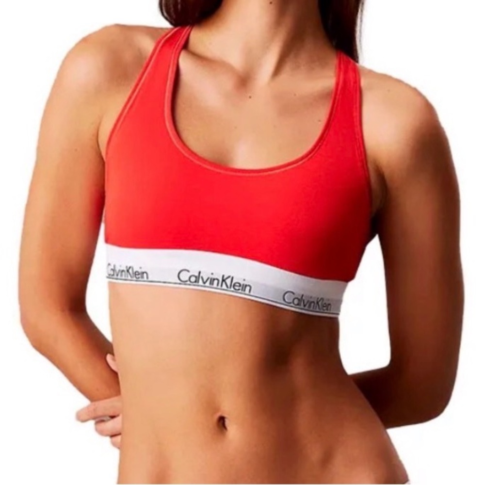 Calvin Klein Red Racerback Sports Bralette with White Logo Band
